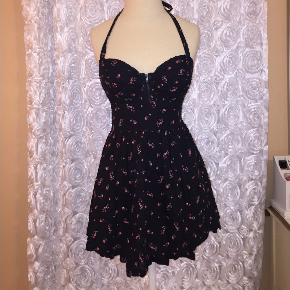 Guess Halter Black Zip-Front Floral Dress