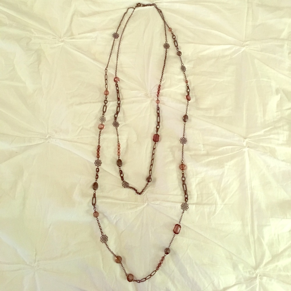 Silver/ Taupe Beaded Long Necklace