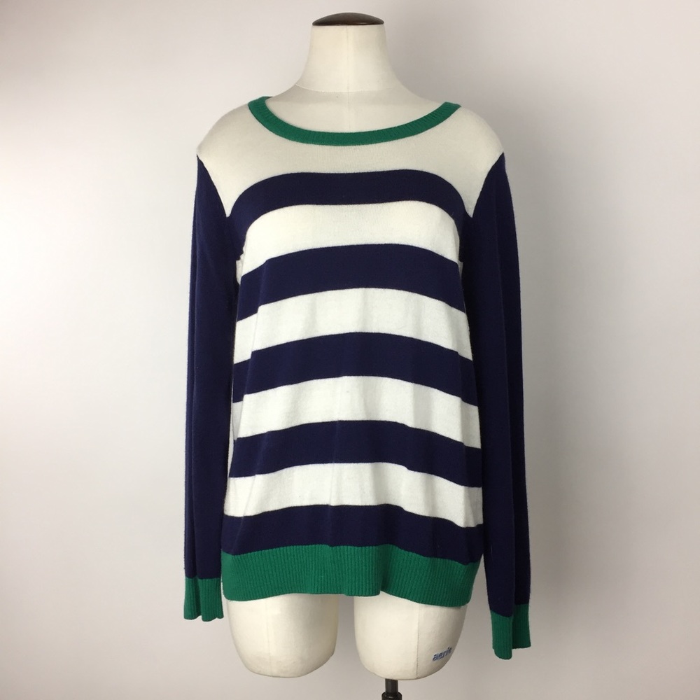 Navy, white, and green striped sweater