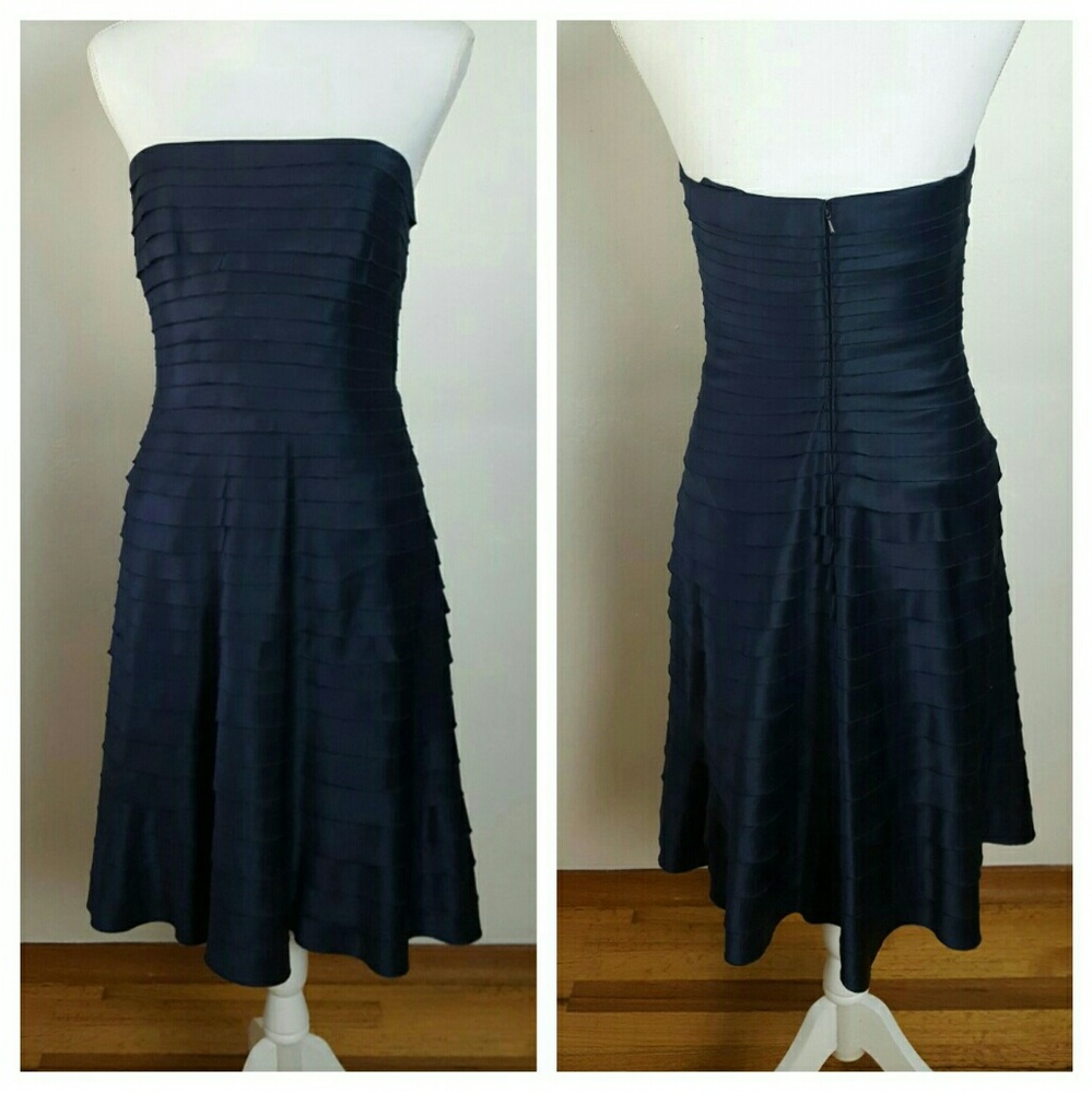 Navy strapless Adrianna Papell bridesmaid dress