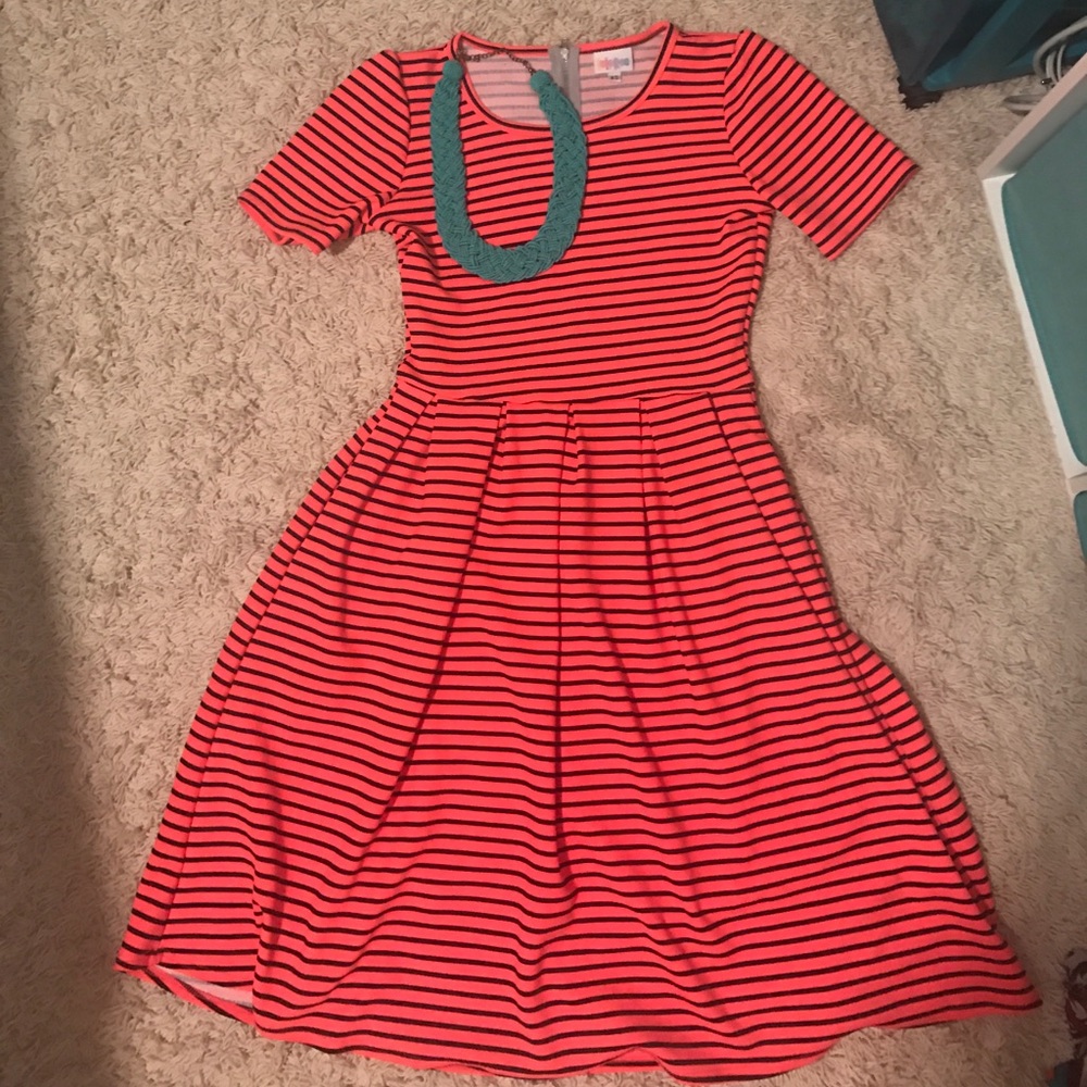 Lularoe Amelia Dress- Orange & Navy Stripes