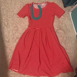 Lularoe Amelia Dress- Orange & Navy Stripes