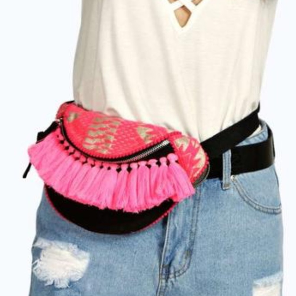 Boohoo Pink print and tassle fanny pack
