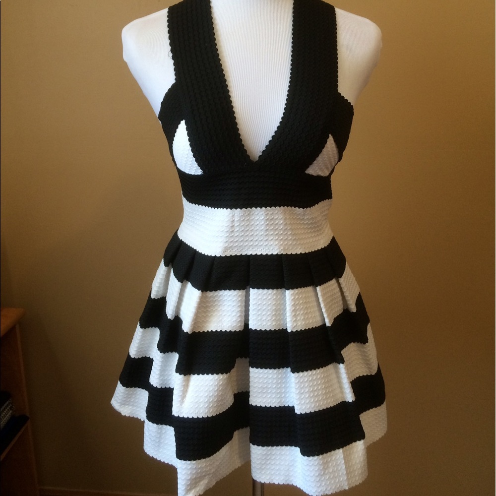 Black and white striped structured dress