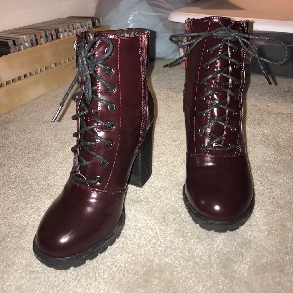 Shiny Burgundy Heel Booties