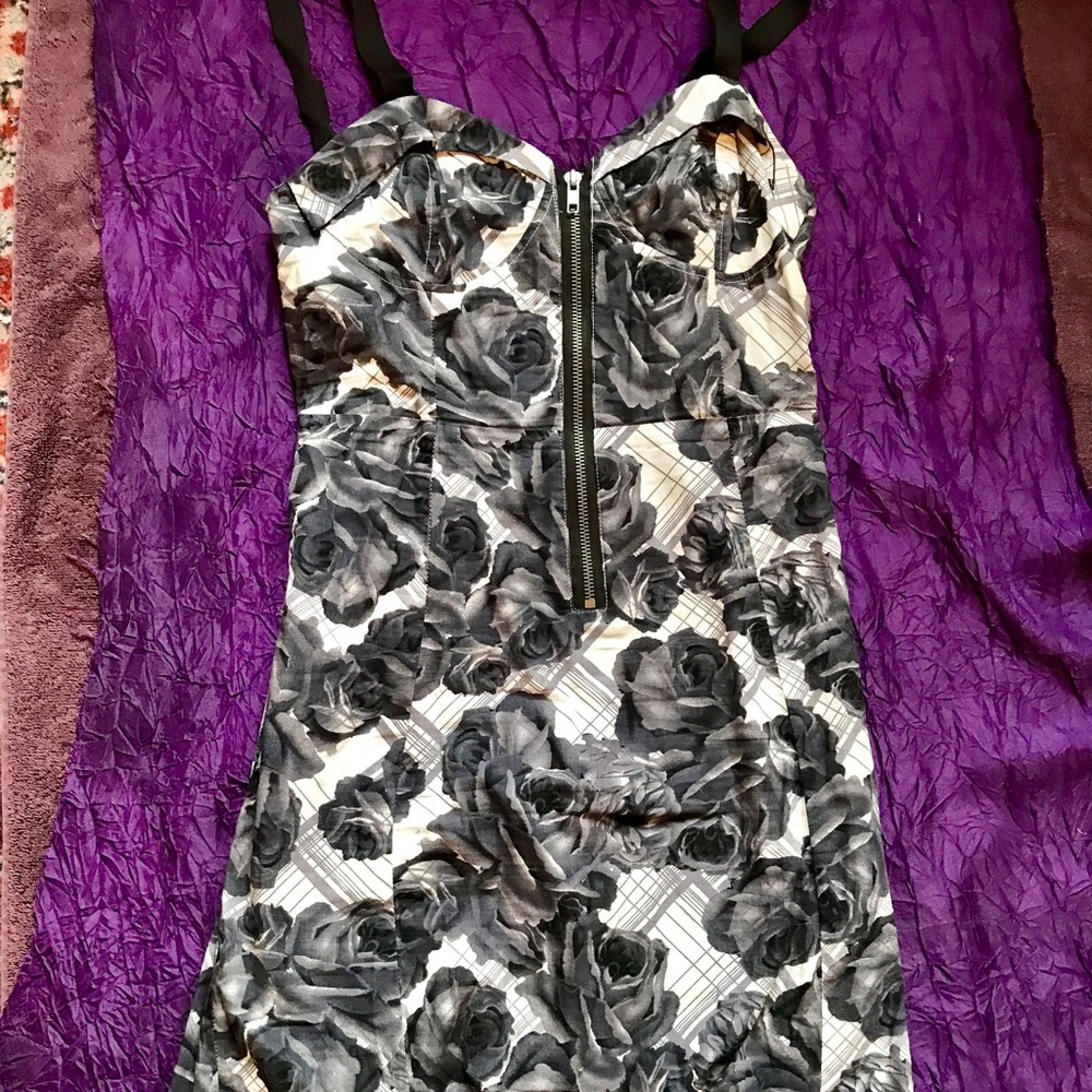 Black, white gray flowered cocktail dress