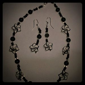 Black and white plumeria necklace and earrings