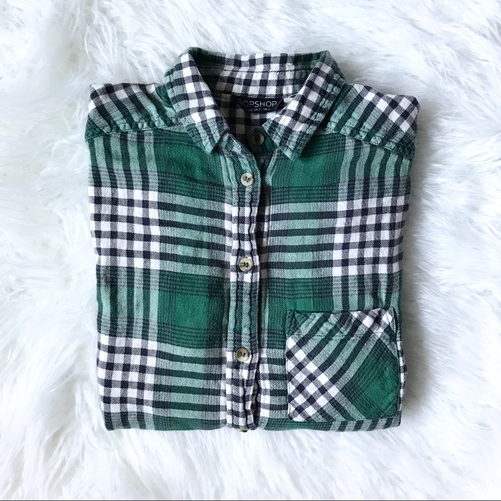 🌿Topshop Womens Flannel Tunic Shirt Green Sz 2🌿