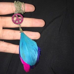 Long feather and peace sign necklace