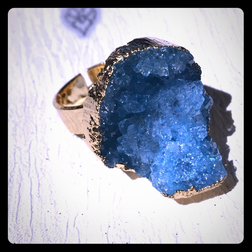 Blue Agate Druzy adjustable ring 6.75 new