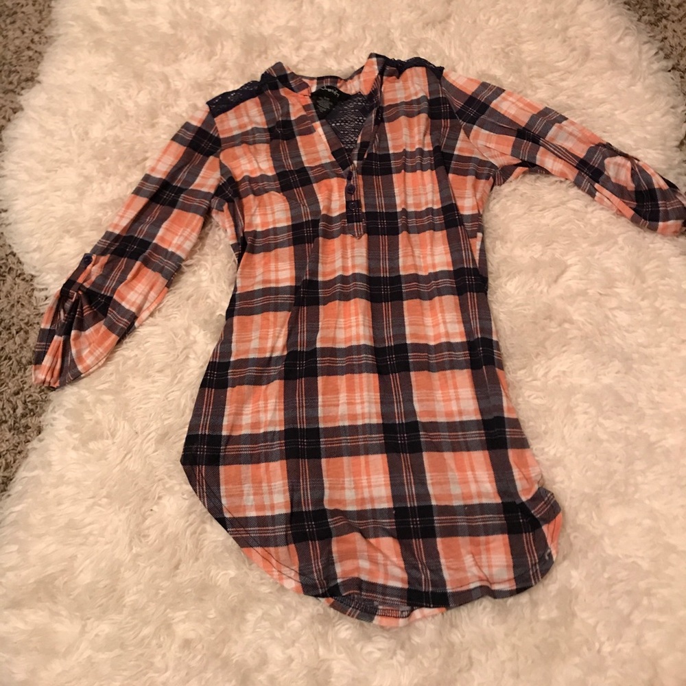 Pink and navy blue plaid shirt