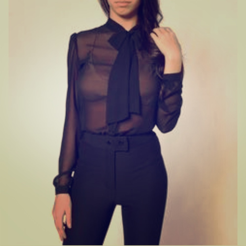 Black button-down chiffon secretary shirt