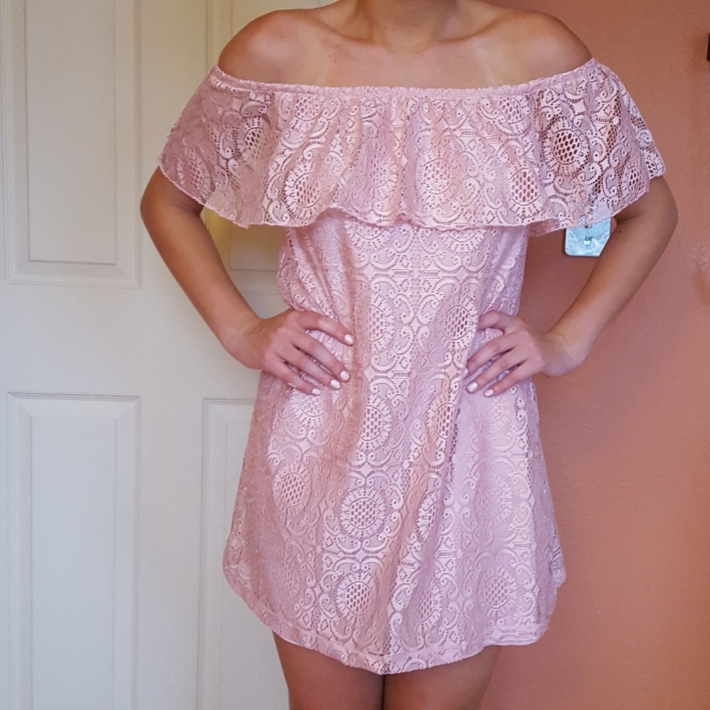 baby pink flirty lacy off the shoulder dress