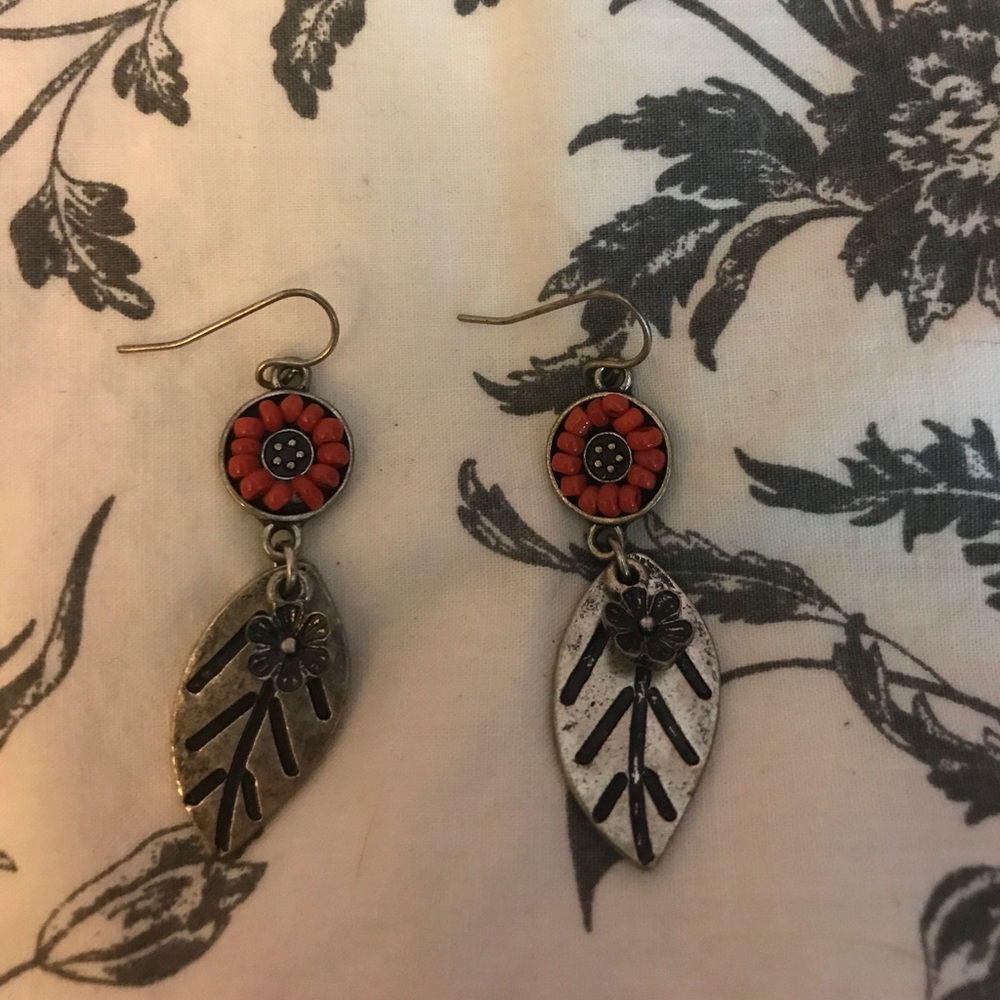 Orange beaded leaf flower dangle earrings