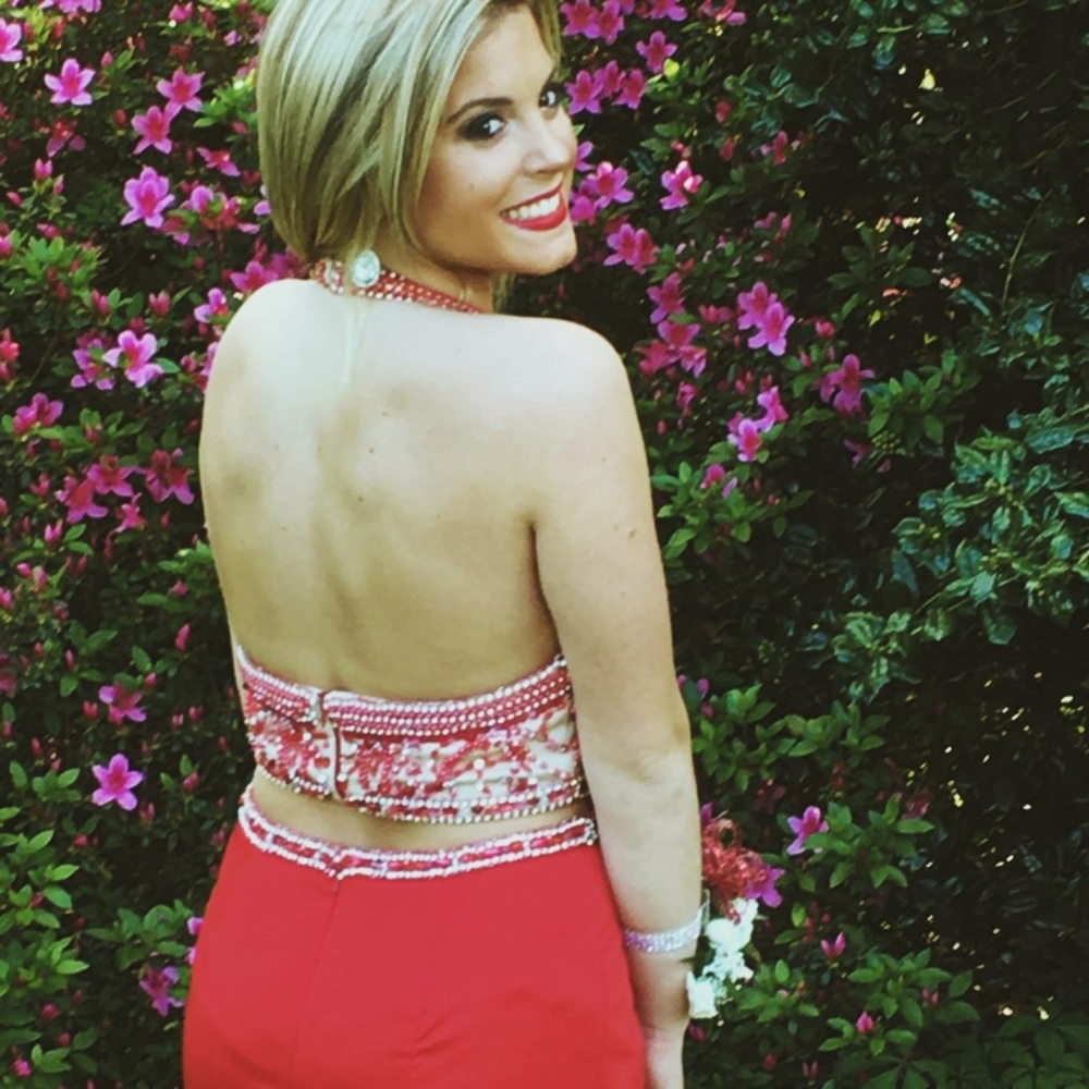 Red sequenced prom dress