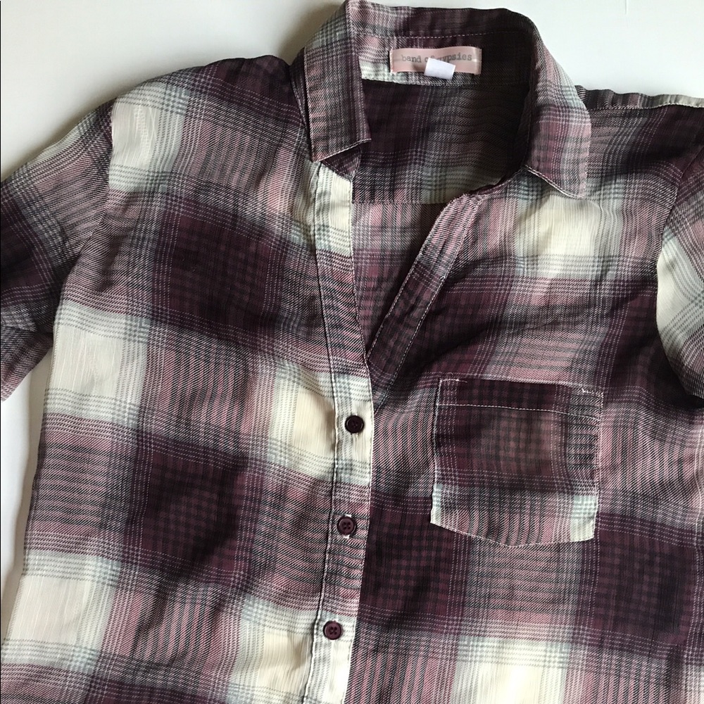 Sheer chiffon plaid button up