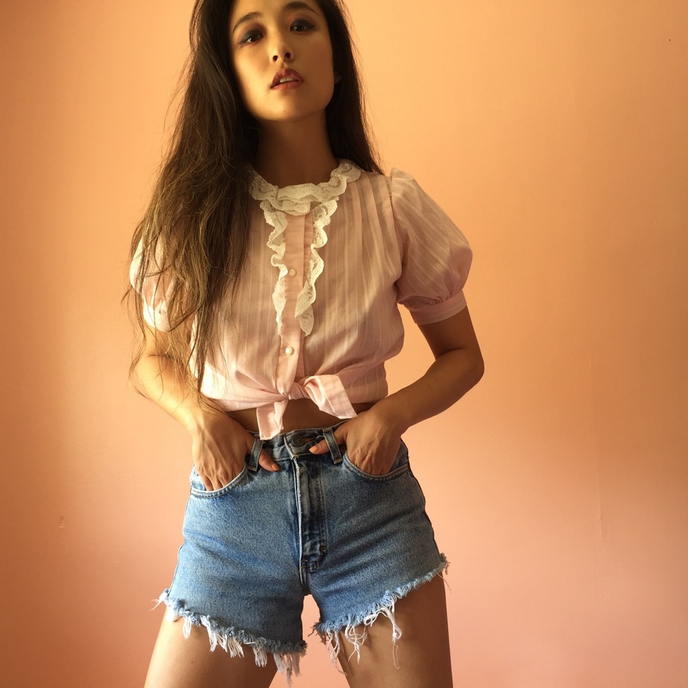 Vintage Blush Lace Trim Blouse - Picture 1 of 3