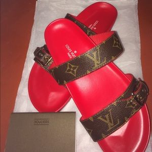 New Chic Monogram Red Trim LV Mule Slide Sandals