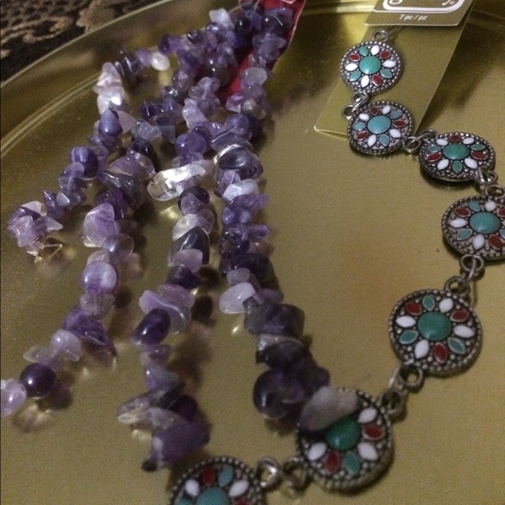 Amethyst string 20" Silver string flowers design 6