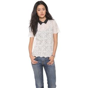 Madewell White Lace Tee with Faux Leather Collar