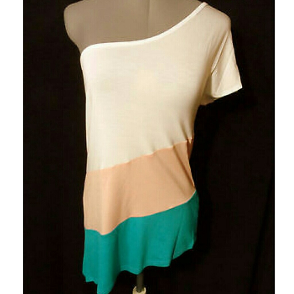 New AVANCE Top SML Pink Teal White T-shirt blouse Flirty Boho One-shoulder Chic!