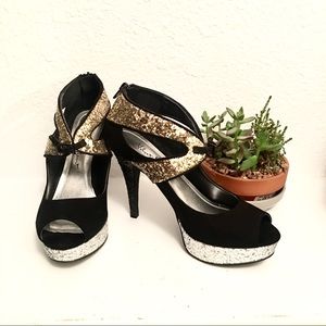 Black, gold, silver glitter heels NWOT