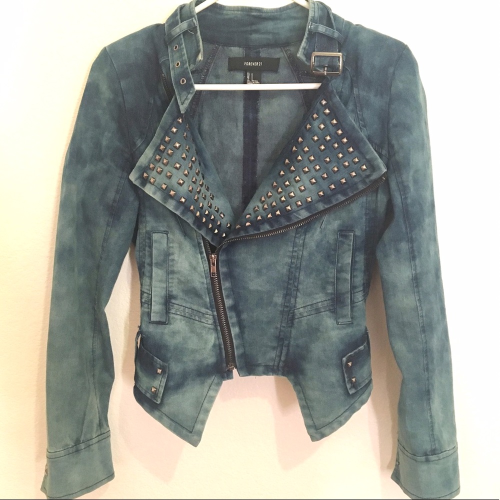 ✨F21 Studded Denim Moto Jacket