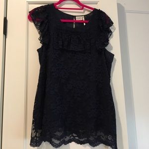 Navy lace scalloped hem shirt