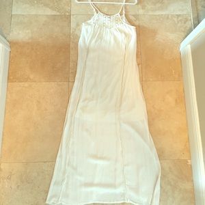 White sheer maxi dress with midi slip under layer