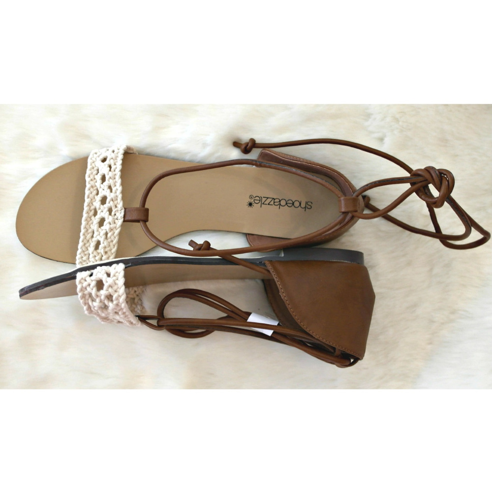 Open Toes Lace Up Crochet Detail Sandals Flats - Picture 2 of 4