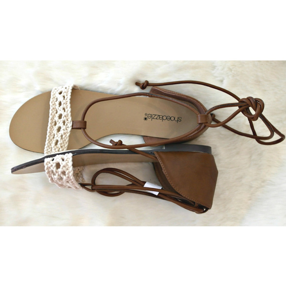 Open Toes Lace Up Crochet Detail Sandals Flats - Picture 2 of 4