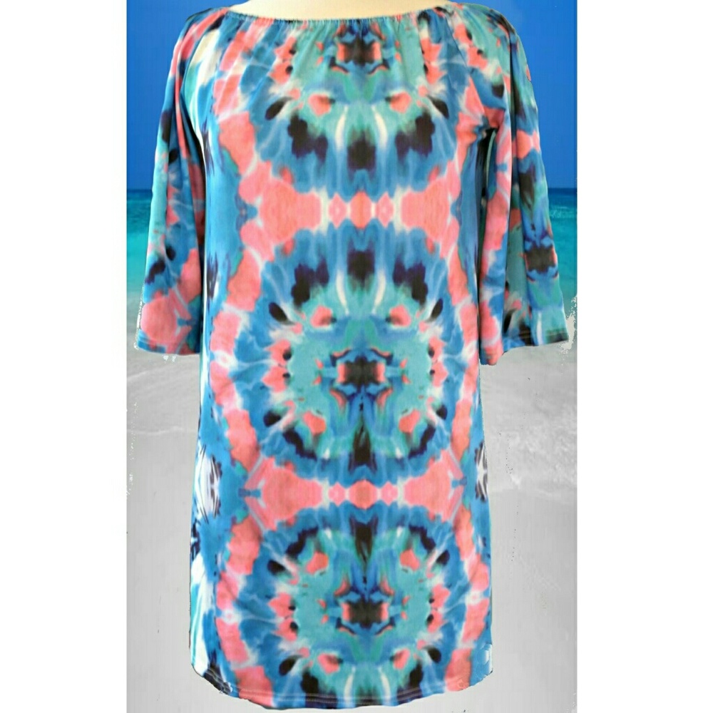 Cold Shoulder Tie Dye Boho Mini Dress Swim Coverup - Picture 2 of 3
