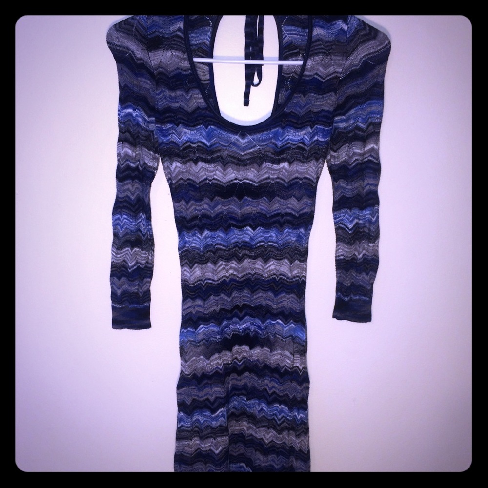 Guess form fitting grey/blue striped crochet dress