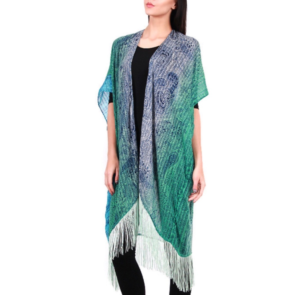 Teal Oversize Paisley Print Kimono Vest