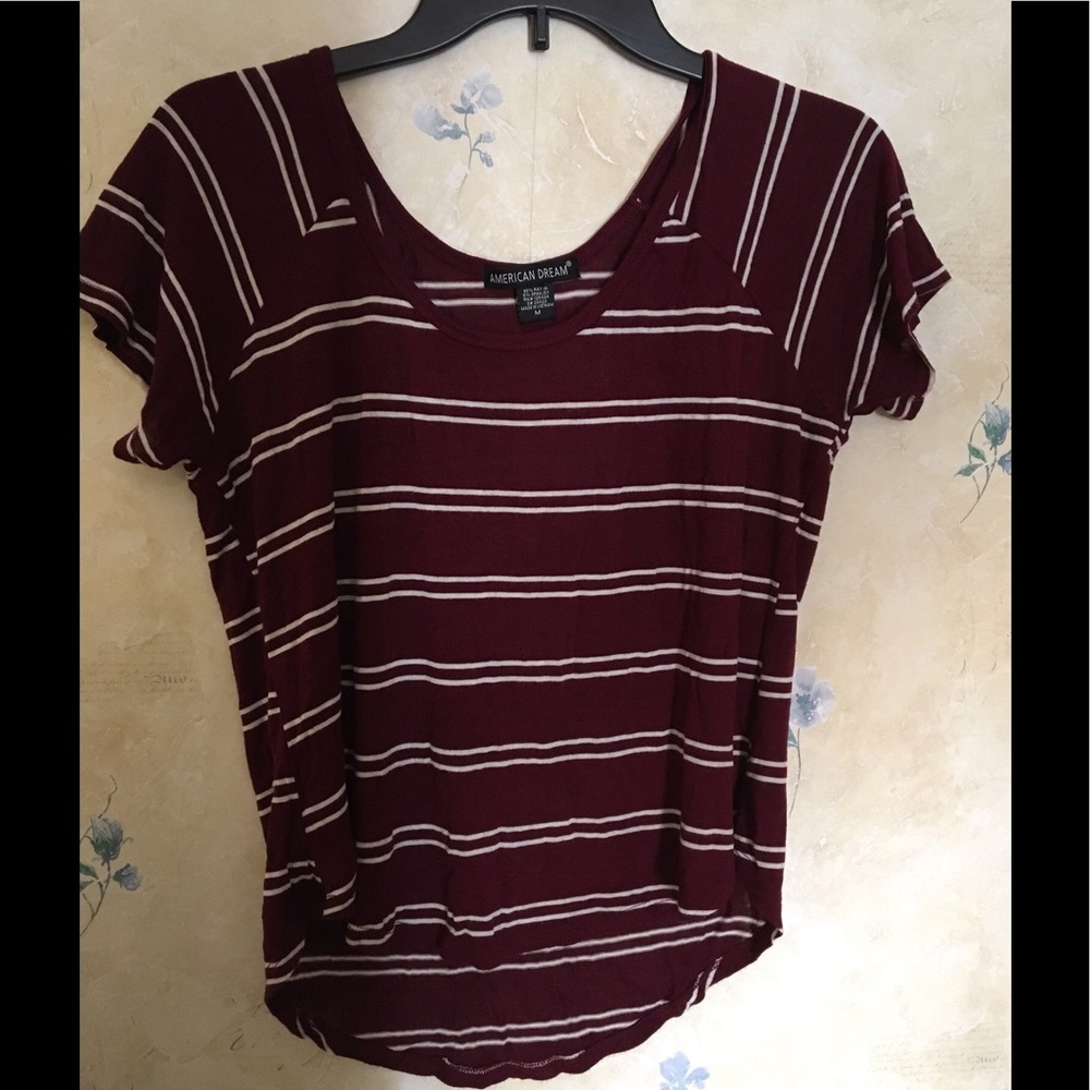 Burgundy and White Striped Short Sleeve Crop Top