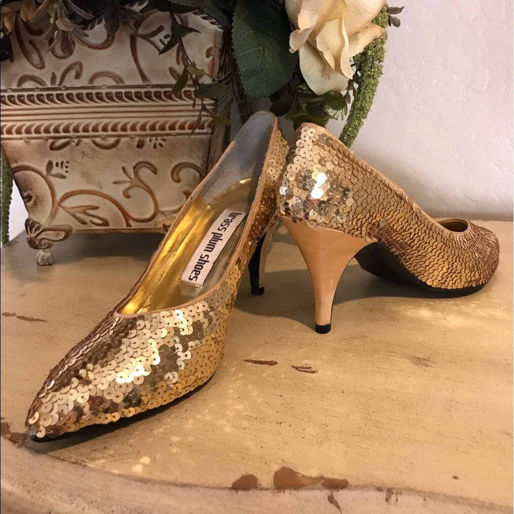 Vintage 80s Brass Plum Gold Sequin Heels 5