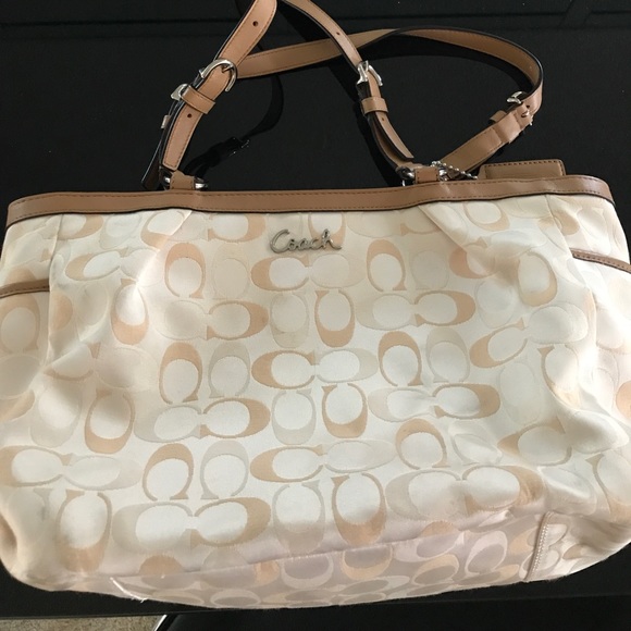 Coach Handbags - White/tan signature Coach bag