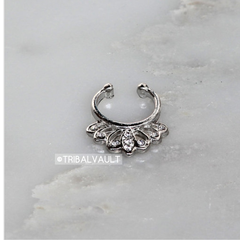 Silver Tone, w/ Diamond Studs, Faux Septum Ring