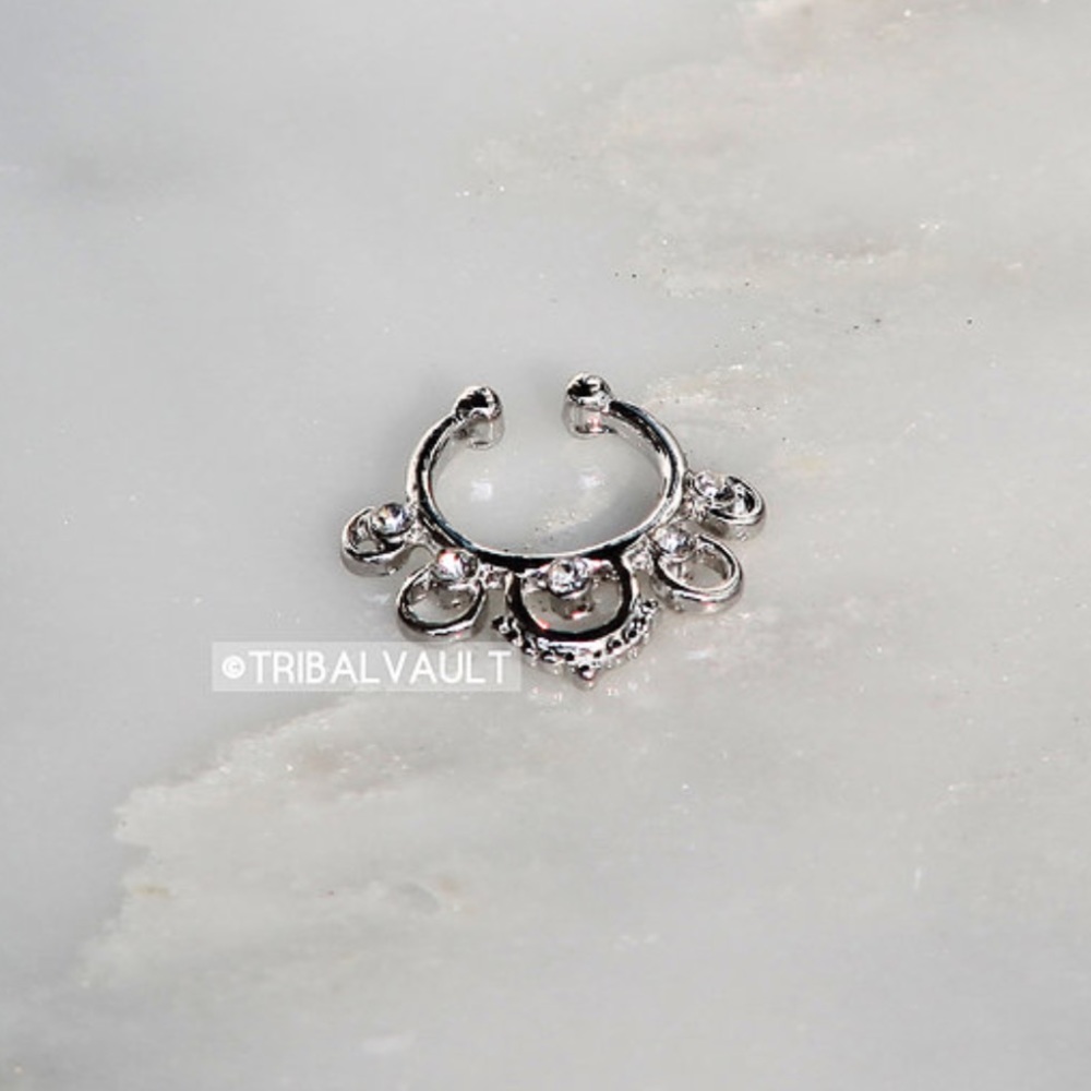 Silver Tone Crystal Dots Loop Faux Septum Clicker