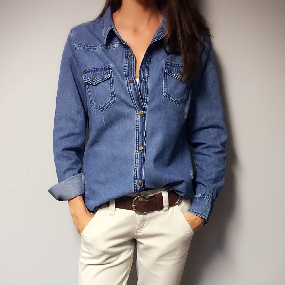 Distressed Denim Button Up Shirt - Picture 2 of 8