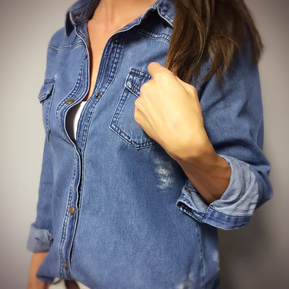 Distressed Denim Button Up Shirt - Picture 3 of 8