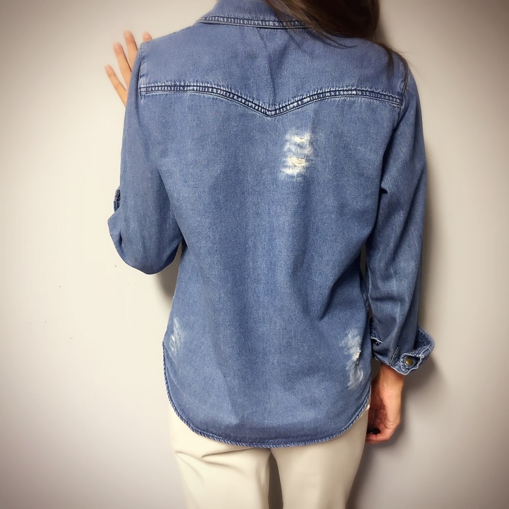 Distressed Denim Button Up Shirt - Picture 5 of 8