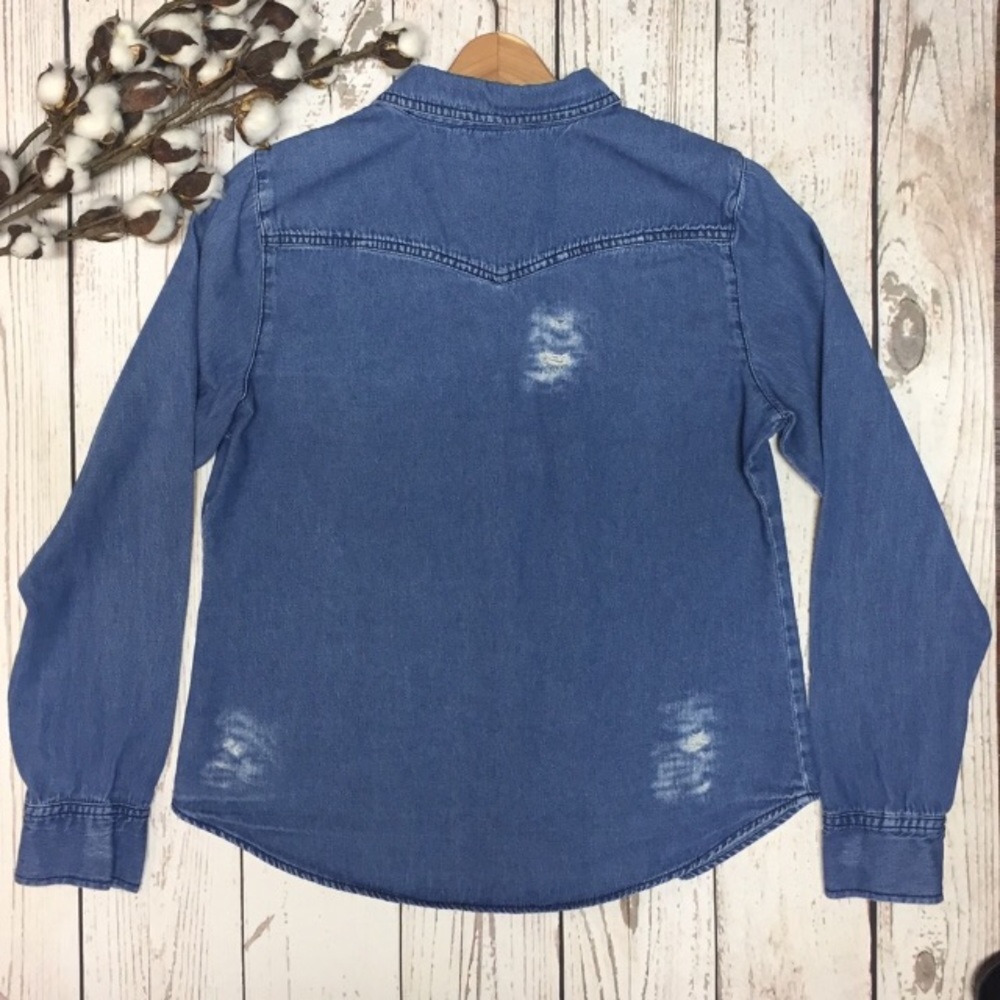 Distressed Denim Button Up Shirt - Picture 7 of 8