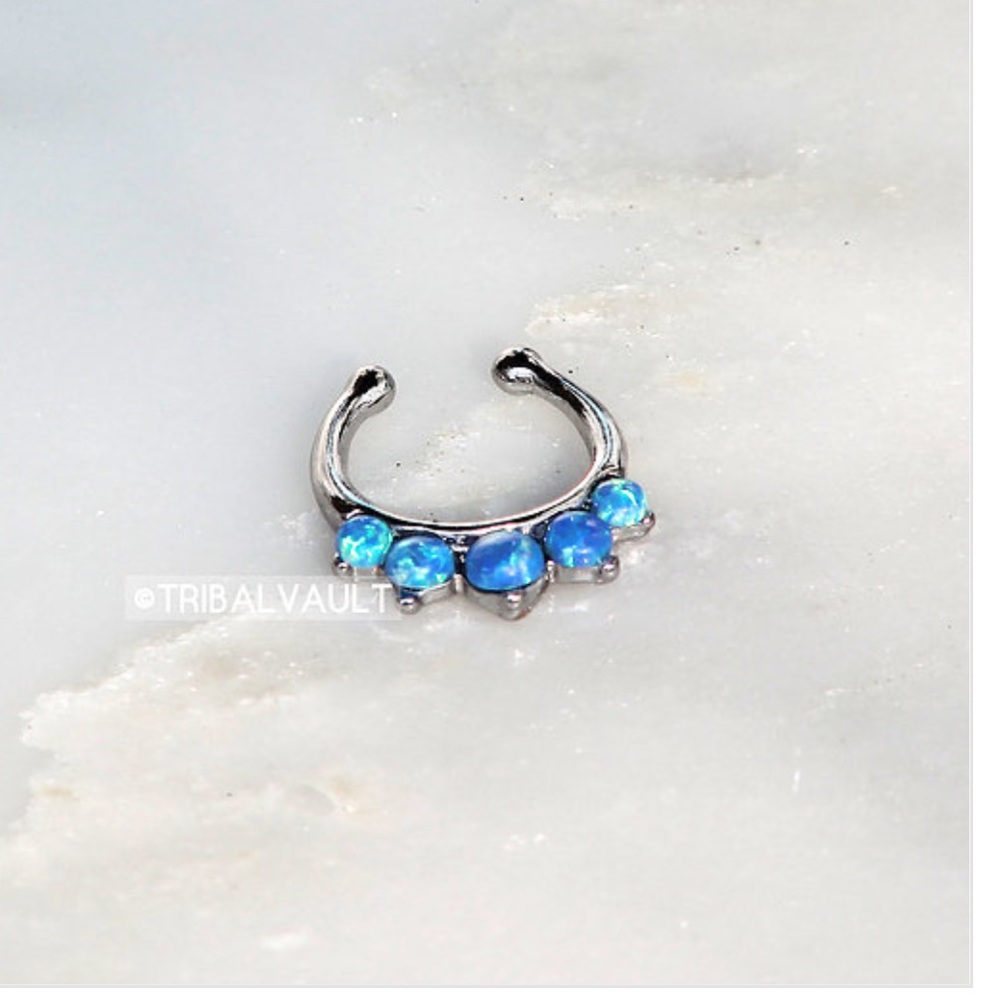 Silver Tone Blue Opals Paved Faux Septum