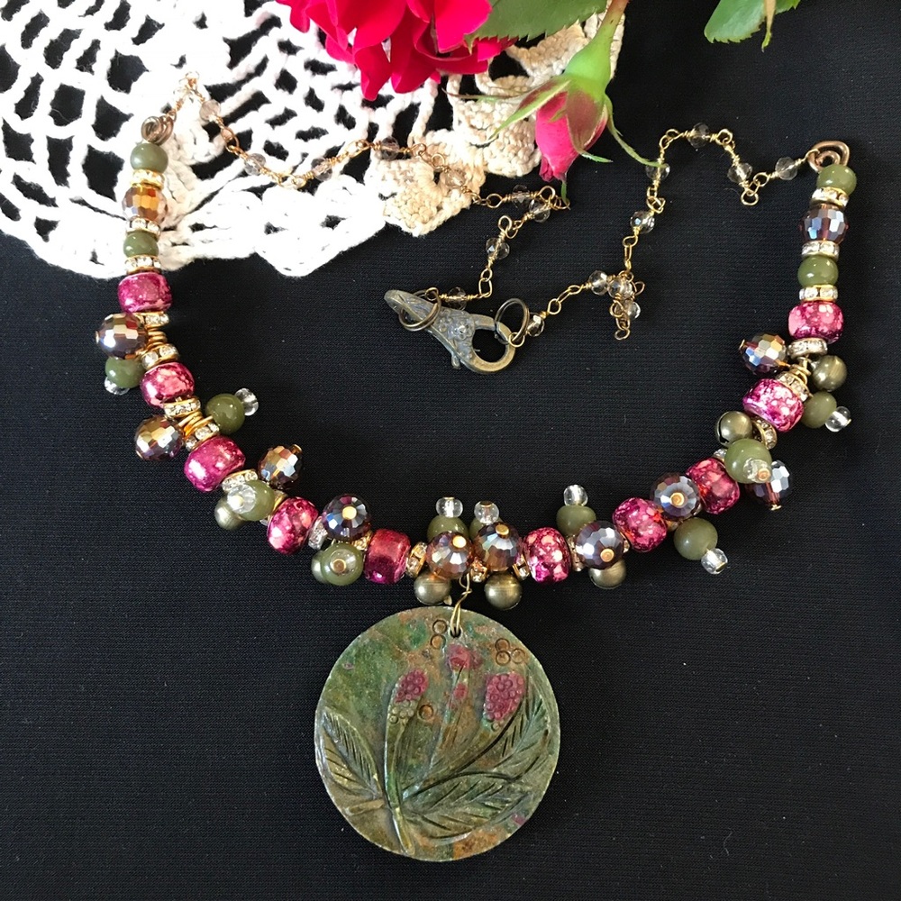 Necklace, Ruby in Fuchsite, Beaded on Copper Wire