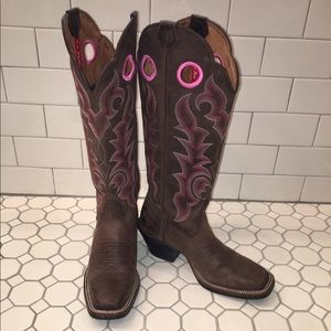 Tony Lama Pink and Brown Square Toe Tall Boots 8