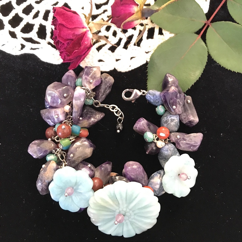 Bracelet, Amazonite Flowers, Amethyst, Red Jasper,