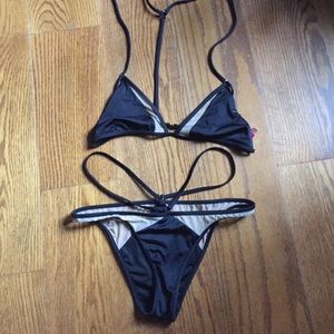 Black and nude mesh scrappy bikini