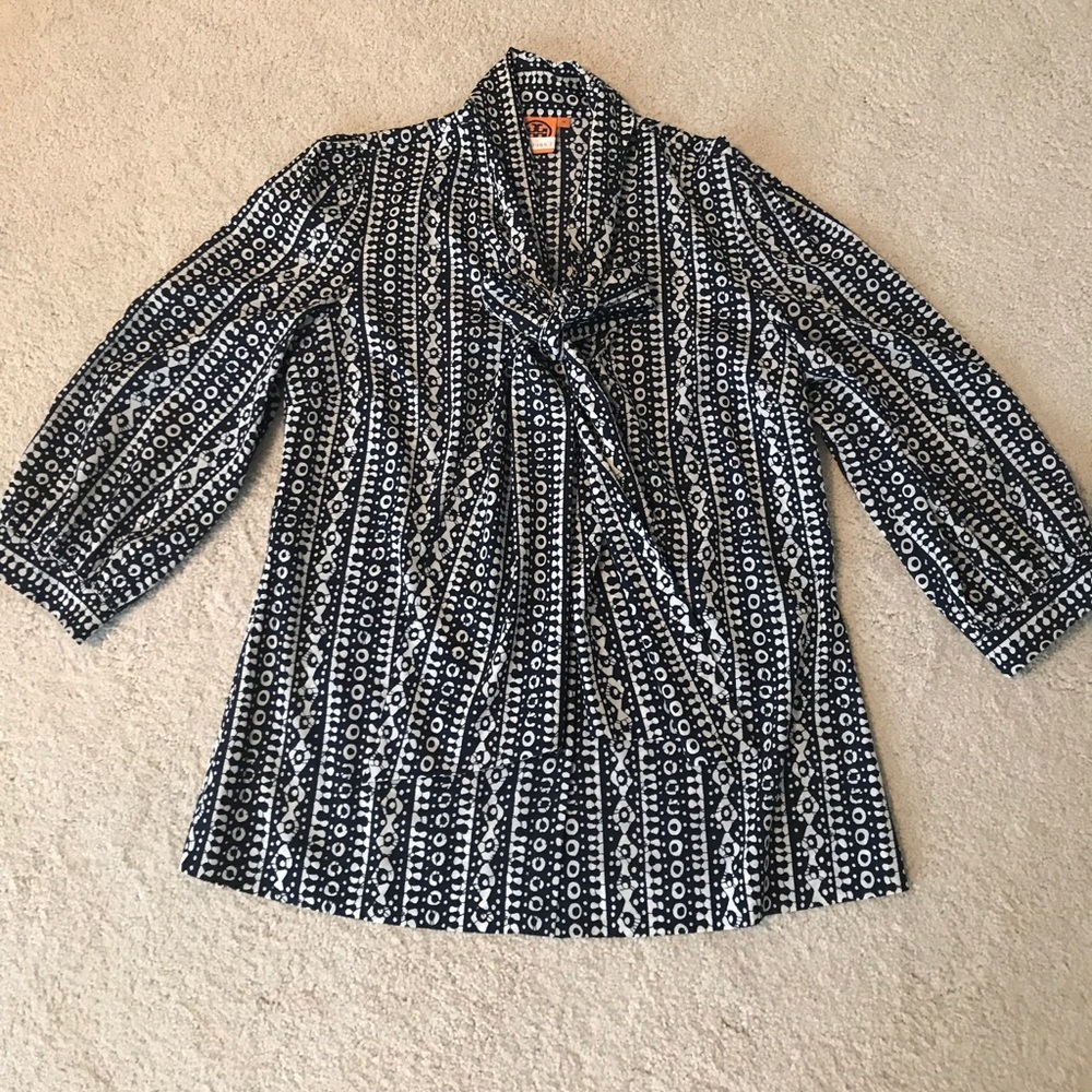 Tory Burch Navy and White Silk Blouse with Bow