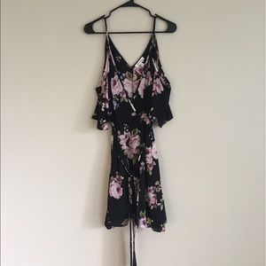 Black Floral Cold Shoulder Wrap Dress
